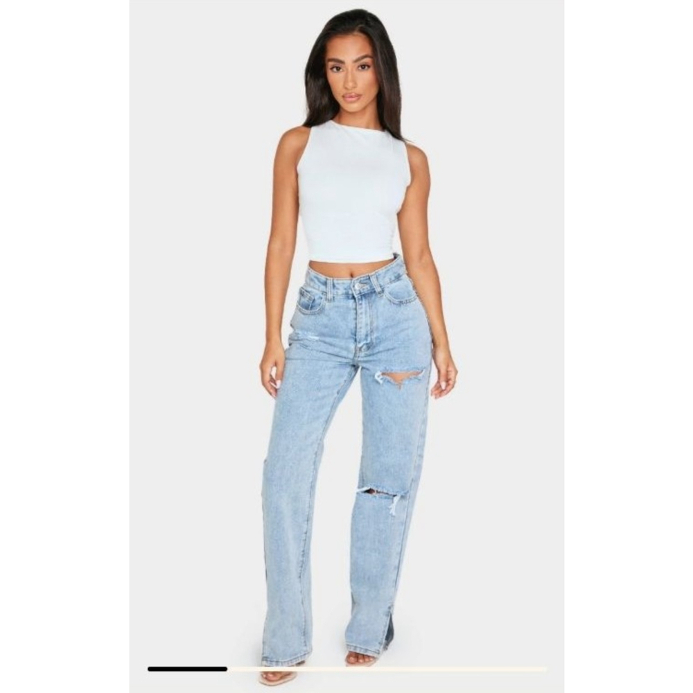 Women's Back Leg Distressed PRETTYLITTLETHING Blue Straight Leg Grunge Jeans 4